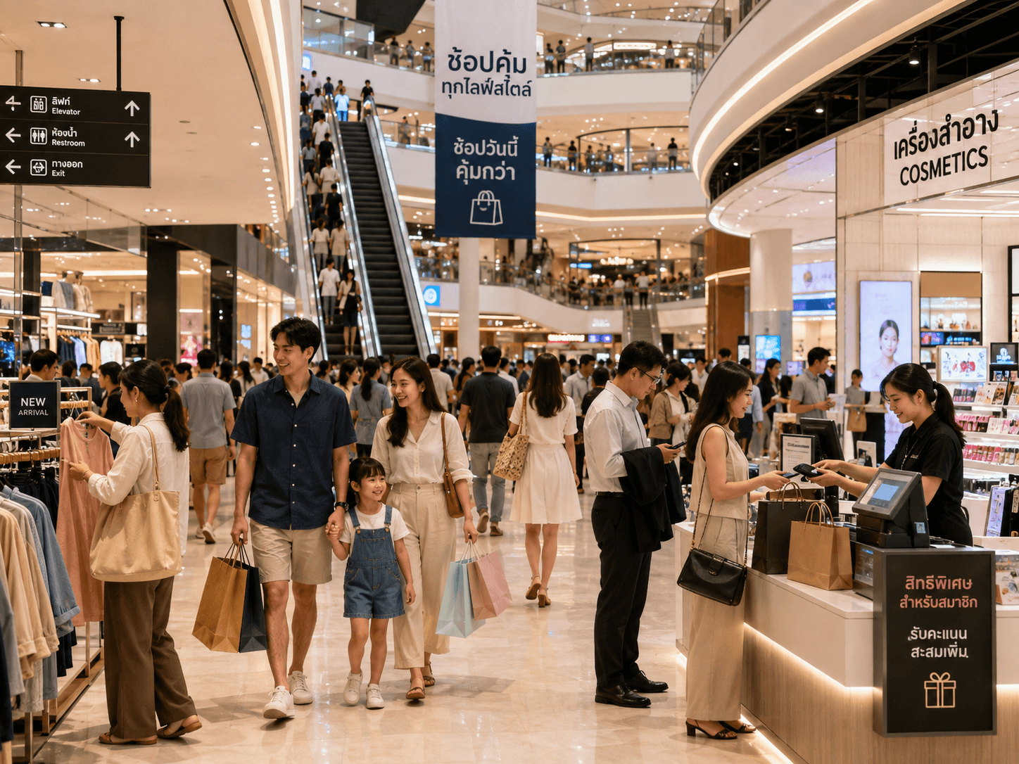 ผู้คนเดินจับจ่ายในห้างสรรพสินค้า มีป้ายโปรโมชั่นและเคาน์เตอร์ชำระเงิน