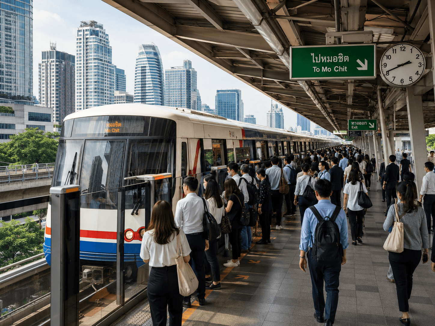 ผู้โดยสารต่อแถวขึ้นรถไฟฟ้าบีทีเอสบนชานชาลาในชั่วโมงเร่งด่วน โดยมีตึกสูงเป็นฉากหลัง